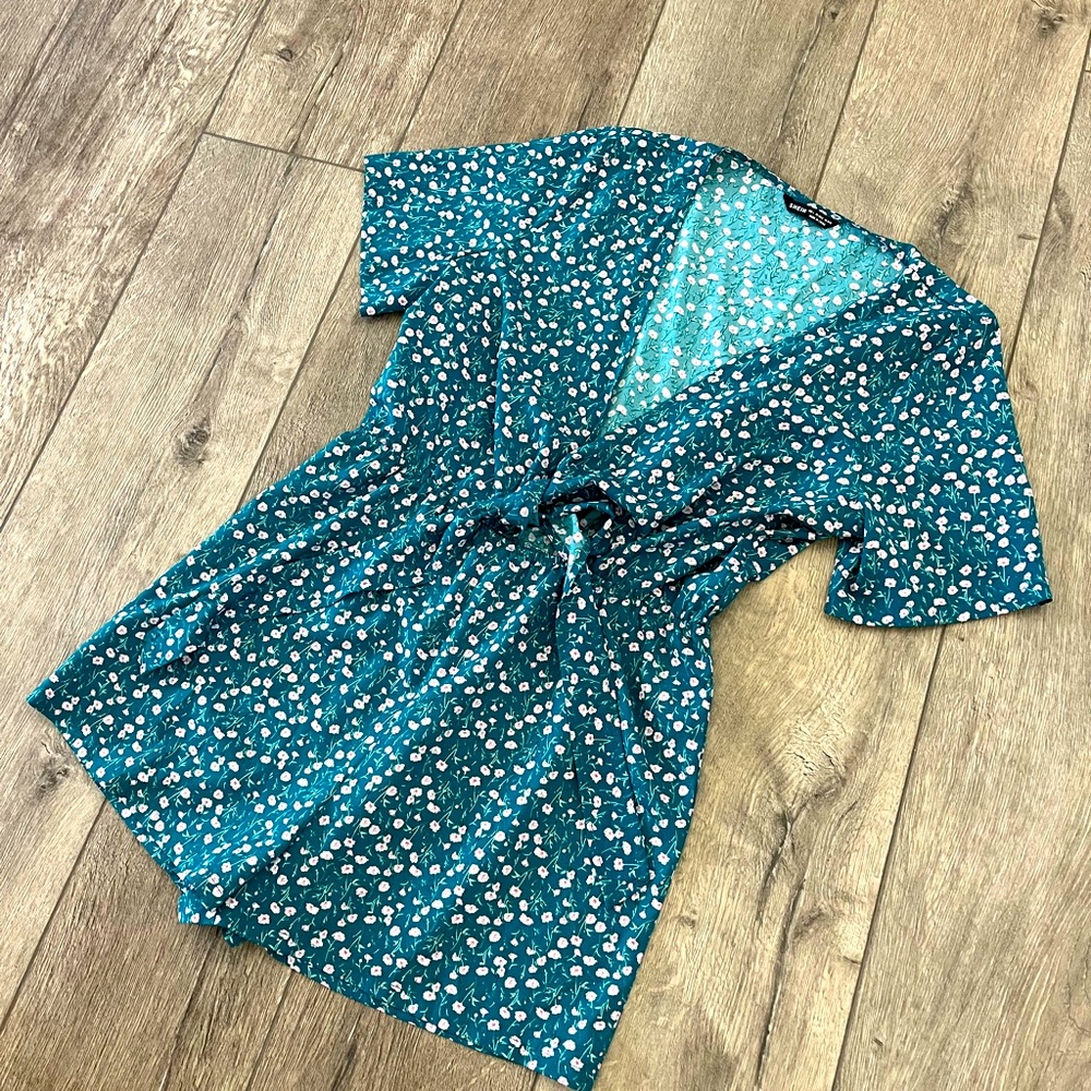Shein Green Floral Front Knot Romper
